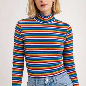 🌈 Vintage Rainbow Striped Mock Neck Top – Y2K 90s Vibes 🌈